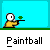 Pixel art depicting a character holding a paintball gun, with showing shooting and paint splatter effects