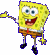 Animated yellow sponge character with blue pants and red tie, waving left arm in motion