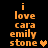 Pixelated orange text reads 'i love cara emily stone' with a heart symbol on black background, showing animation changes in the heart's color and position across frames.