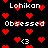 Pixelated black background with red heart symbols and white text reading Lohikan, Obsessed, and <3 scattered across the image.
