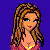Pixelated character with long brown hair, red crop top, blue jeans, and a belly button piercing on purple background.