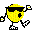 Yellow pixelated character with black sunglasses, black star-shaped mouth, and white shoes, shown in six sequential poses with varying arm and leg positions.