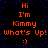 Pixelated orange text on black background with blue dots, repeating 'Hi I'm Kimmy what's Up! :)' in two vertical