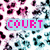 Pixelated pattern with pink and teal shapes on white background, featuring 'COURT' text in pink letters on light blue rectangle and a pink pixel-art maze icon.