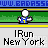 Pixelated character in blue outfit with yellow accents on green and gray background, repeated across with text and website elements