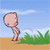 A pixelated character with a bald head and pink cheeks stands on a sandy ground with green grass, watching a red object move across the sky.