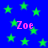 Blue background with green stars and pink text reading "Zoe" scattered across the image.