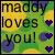 Pixelated text reads 'maddy loves you!' with three purple hearts on a yellow-green gradient background.