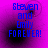 Blue pixelated text on a purple gradient background reads "Steven and Emily FOREVER!" with subtle dark circular patterns.