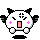 Pixelated cartoon character with white body, black accents, pink blush marks, and pink mouth; left side shows open mouth with black cross-hatch pattern, right side shows closed mouth with solid pink square.
