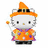 Pixelated character in orange witch outfit with purple accents and black belt, holding a wand on white background next to red 'Happy Halloween!' text.