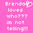 Pixelated text on pink background with heart symbol replacing 'o' in Brenda, reading "Brenda loves who??? im not telling!!!".