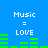 Blue background with white text 'Music = LOVE' and green audio equalizer bars in four quadrants, each showing different bar heights.