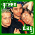 A 5x4 contact sheet of animated frames showing a pixelated image of three people with green borders and text reading "green day" in the corners, displayed on a gray background.