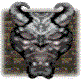 Pixelated devil icon with closed eyes and horns, transitioning from grayscale to glowing orange-yellow facial features.