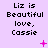 Pixelated text 'Liz is Beautiful love, Cassie' repeated across a light purple background with scattered pink plus and star symbols.