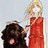 Animated contact sheet showing two frames of a buddy icon with a woman in red dress and dog on left, black background with white text on right.
