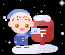 Pixelated character in blue winter clothes holding a letter near a red mailbox with snow on top, set against a black background with white snowflakes.