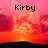 Pixelated sunset sky with orange and pink clouds over a black horizon, displaying text fragments 'Kirby', 'and', 'will 4 eva' across four