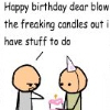 Pixelated cartoon image shows two figures: one with a party hat holding a pink cake, the other with a hand gesture, above text reading 'Happy birthday dear blow the freaking candles out i have stuff to do'.