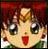 Pixelated close-up of a cartoon character with large eyes, red mouth, and light brown hair against a dark red background.