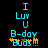 Pixelated cyan text on black background reads "I Luv U B-day Budds!!!" with orange starbursts, two versions differ in vertical alignment of the last line.