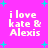 Pixelated text on a bright pink background with cyan starbursts, displaying 'i love kate & Alexis' in four identical quadrants.