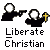 Pixelated figure in black silhouette holding a pistol, white circular head, yellow cross, and text "Liberate Christian" below on gray background.