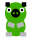 Green pixelated pig with black ears and snout, white eyes with black pupils, gray limbs; two static poses show arms at sides or raised.