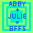 Four identical pixelated icons arranged in a , each showing 'ABBY + JULIE = BFFS' text within nested cyan and green squares on a bright green background
