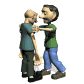 Two cartoon figures in a dance pose, one with dark hair and green shirt, the other bald with teal shirt, both wearing dark pants and brown shoes.