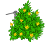 Animated green bush with yellow flowers and a gray bird perched on the left side, moving from left to right across frames.