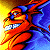 Pixelated character with red skin, blue hair, and wide grin showing teeth against yellow and green backgrounds.