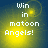 Pixelated text "Win in matoon Angels!" on a yellow-to-blue gradient background with subtle circular light effects.