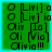 Green background with black pixelated text and symbols arranged in a pattern, showing slight variations between frames