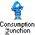 Pixelated blue figure with white face and red mouth holds black object, standing on gray background with text below.