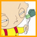 Two side-by-side animated frames of a cartoon character holding a microphone in one frame and a red object in another, both with yellow shirt and red suspenders.