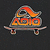 A pixelated skateboard with orange and yellow flame-like patterns on its deck, wheels, and trucks against a dark background.