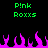 Green pixelated text 'P!nk Roxxs' appears twice on a black background above pink flame shapes.