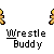 Pixelated yellow figures in wrestling poses with 'Wrestle Buddy' text below each, arranged on gray background; some frames show single or paired figures in motion.