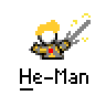 Pixel art contact sheet showing two frames of an animated He-Man buddy icon with a gray background, featuring a yellow-haired character in armor holding a sword with sparkles.
