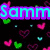 Pixelated text and symbols arranged in a with hearts, a rose, and a book background