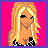 Pixel art contact sheet showing five frames of an animated icon featuring a blonde cartoon woman in black-and-white checkered clothing with pink background and yellow text.