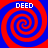 Four identical red and blue spiral patterns arranged in a , each with white text reading DEED above the spirals