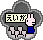 Pixelated cartoon character with bunny ears and blue shirt holds sign reading えいが against gray cloud-shaped background.