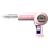 Animated pink hair dryer with blue accents emits gray smoke from nozzle, shown in multiple