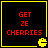Four identical square with black backgrounds, yellow borders, red text reading 'GET ZE CHERRIES', and a yellow Pac-Man-like icon in the bottom-right corner of each