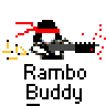 Pixel art animation of a Rambo-style character with red bandana firing a machine gun across five frames, each labeled "Rambo Buddy" below the figure on gray background.