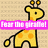 Pixelated giraffe icon with orange spots and pink text banner reading 'Fear the giraffi!' on left, transitioning to real-world giraffe photo with same text banner reading 'You heard me!' on right.