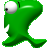 Green pixelated character with large white eye, black pupil, and small white mouth against gray background.